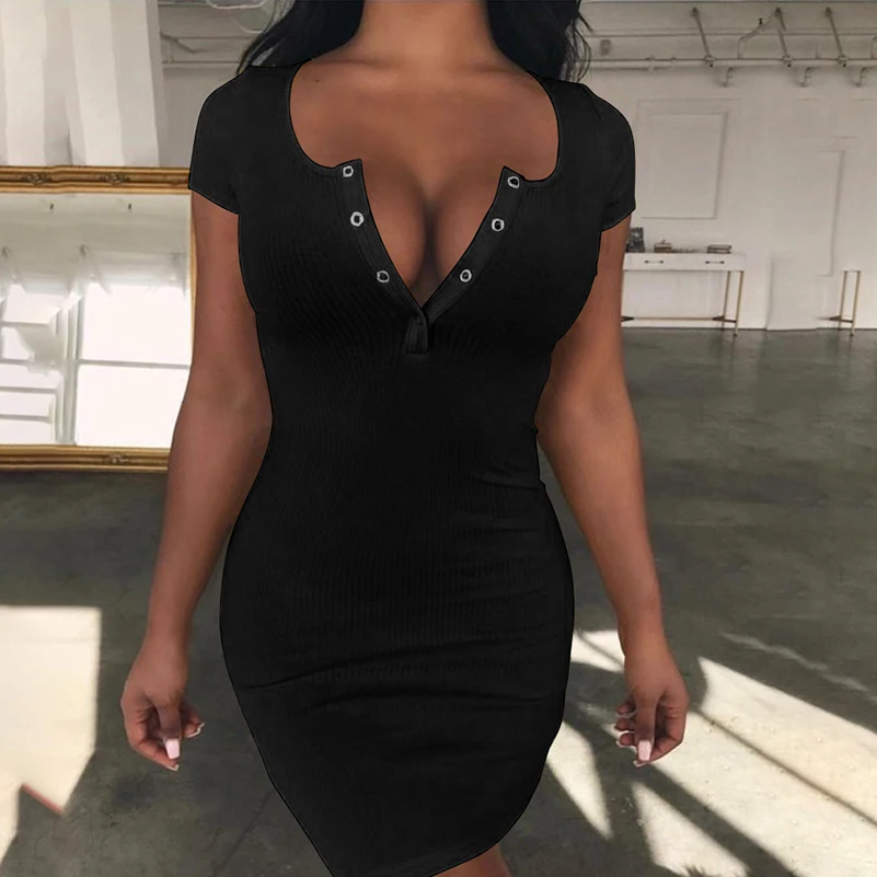 

Short Sleeved Slim Sexy Dress Mini Solid Deep V-neck Pencil Skinny Summer 4 Color Short Dress Bodycon Fashion Ladies Vestidos