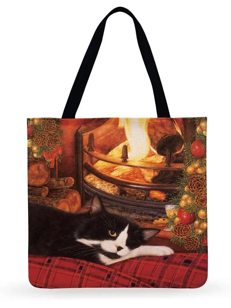 Мультяшная пасторальная Повседневная Сумка-тоут с принтом кота, льняная многофункциональная модная сумка для покупок, многоразовая женская сумка-тоут, Повседневная пляжная сумка - Цвет: 24