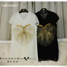 Cakucool Для женщин Бисер Шелковые Летние Футболка короткий рукав v-образным вырезом Sexy рубашка Club Вечерние Bling блестящие Blusa рубашки Pull Топ Леди