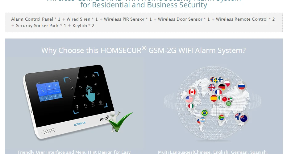 Homsecur беспроводный ЖК дисплей 2 г/GSM Wi Fi дома охранной сигнализации системы + IOS/Android APP (EN/DE/ES/RU/FR/PL/PT/IT меню регулируемый)