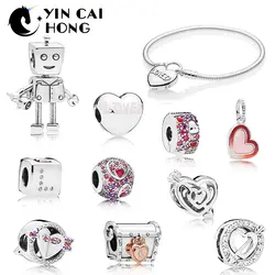 YCH 100% Серебро 925 пробы День Святого Валентина Роб Bot игральные кости сверкающие Стрелка Сердце Шарм Любимое Сердце Клип кулон браслет