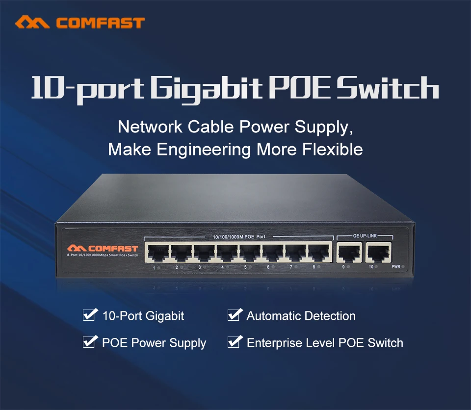 Comfast 10 Port 10/100/1000Mbps RJ45 Gigabit Enterprise Level POE Switch 802.af/at Automatic Detection Power over Ethernet POE