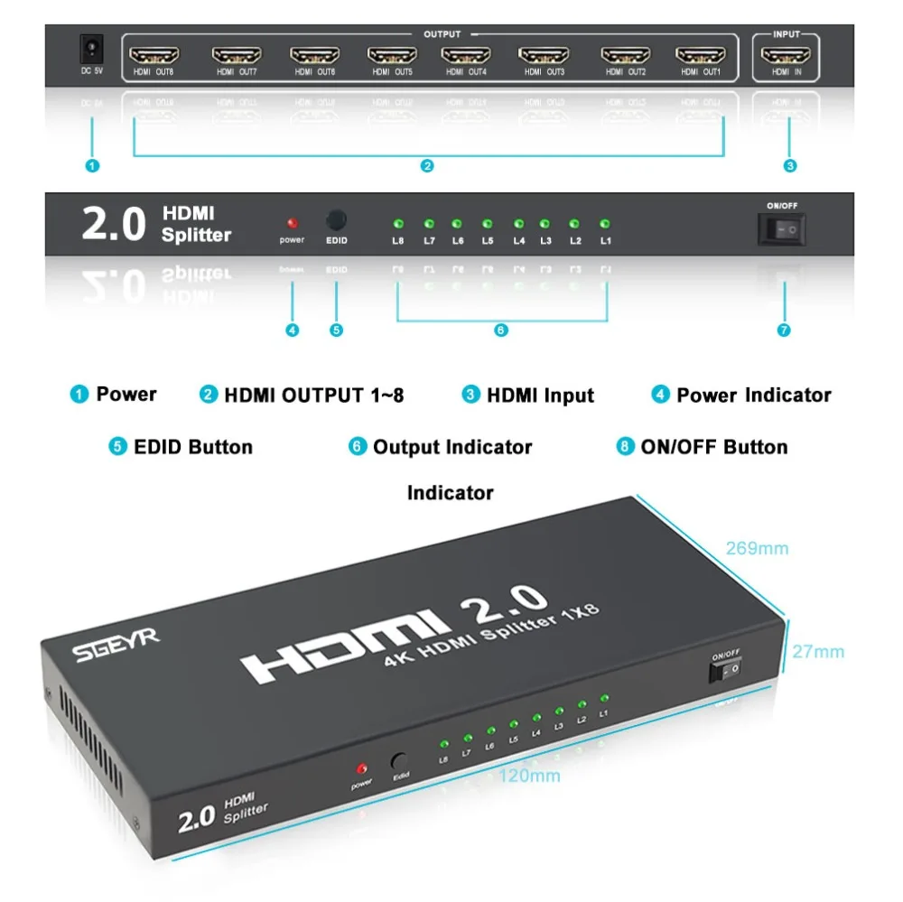 Сплиттер HDMI2.0 с 8 портами 1x8 видеоразветвитель 1 в выходов Поддержка порта HDCP2.2 EDID