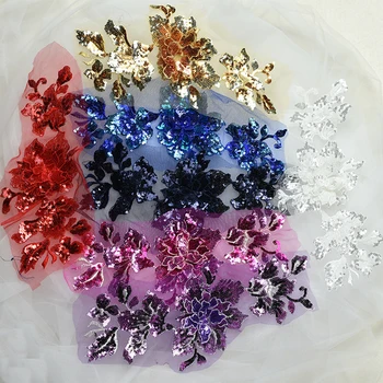 

15*32cm 3D Sequined Lace Trim Decorate Flower Lace Applique For Sewing Accessories 1Pair=2pcs