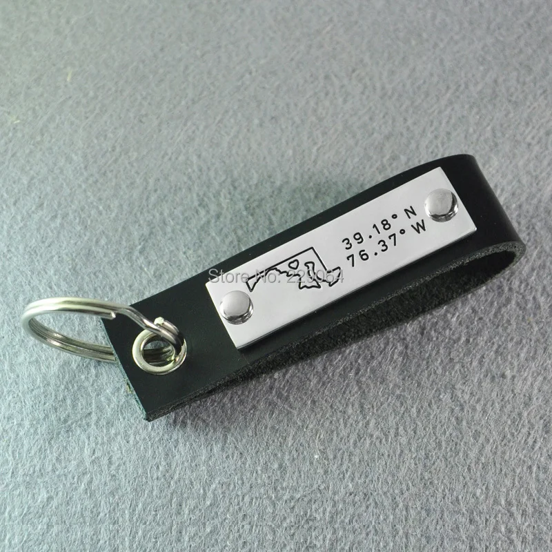 

Maryland key chain, Personalized map key chain, Leather keyring, custom longitude& latitude, coordinate key chain, Men's jewelry
