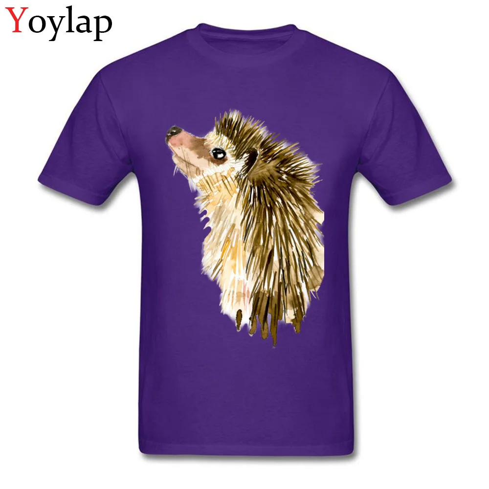 Adult T Shirt Crazy Normal Short Sleeve Summer Fall Tops T Shirt Plain Round Collar 100% Cotton Tee-Shirt Watercolor Little Hedgehog purple