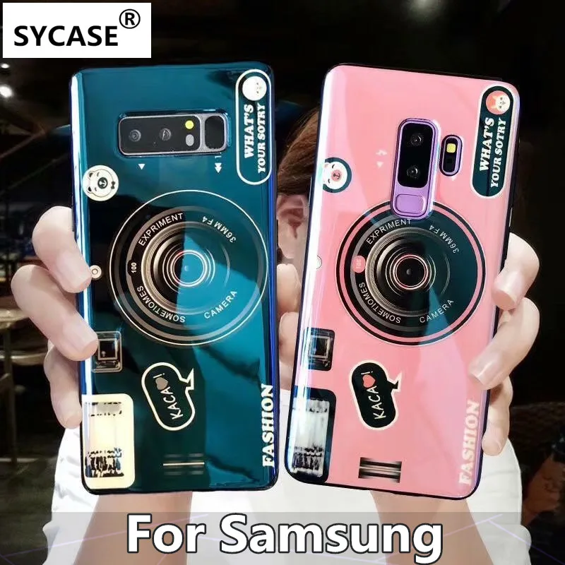 

SYCASE New Blu-ray retro Camera soft cover For Samsung S7 Edge S8 S9 Plus Note 8 9 A5 A7 A8 2018 case Anti-drop with Bracket
