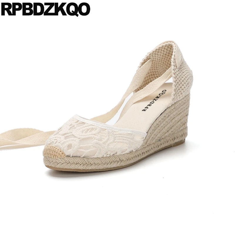 

Large Size Famous Brand High Heels Tie Up Closed Toe Pumps Women Wedge Platform Sandals Strap Shoes Espadrilles White Lace Rope