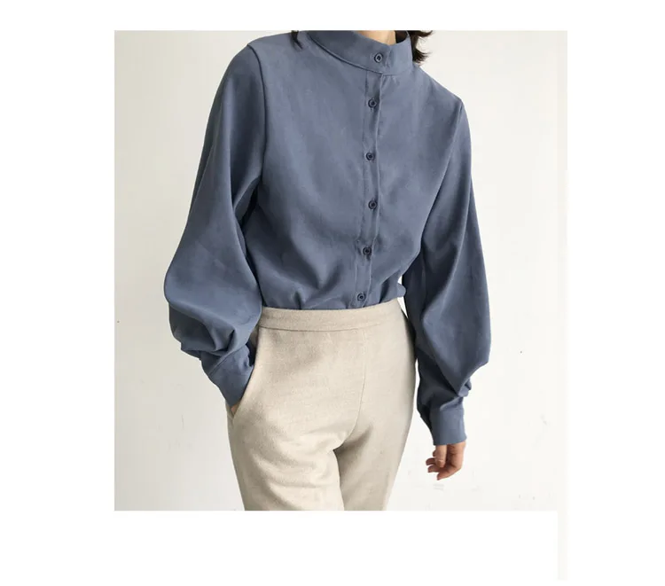 Blusas Mujer, модная женская рубашка, фонарь, длинный рукав, женские рубашки, одноцветная блузка со стоячим воротником, Женские топы и блузки 2516 50