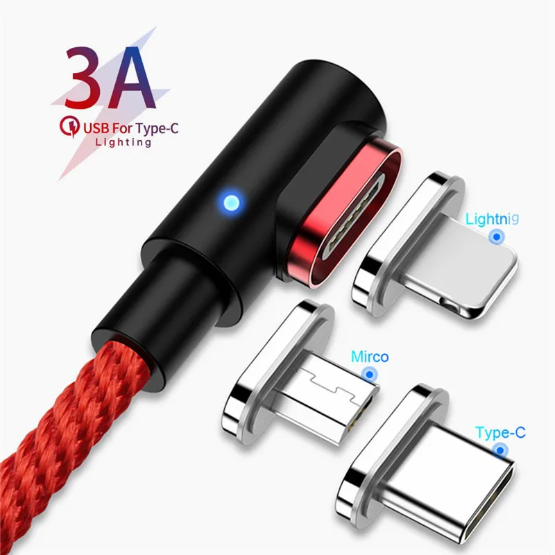 

3A Magnetic Cable 90 Degree Micro USB Cable Fast Charging Type-C Magnet Charger USB C Data Cable for iPhone X Android Phone Line