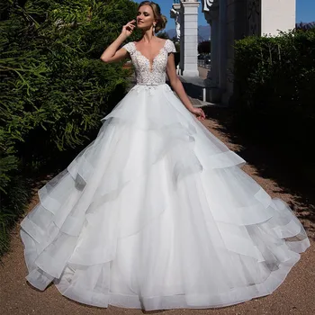 

Pleat Deep V-Neck Wedding Dress Vestidos De Novia 2019 New Design Cap Sleeve Lace Appliques Bridal Ball Gown