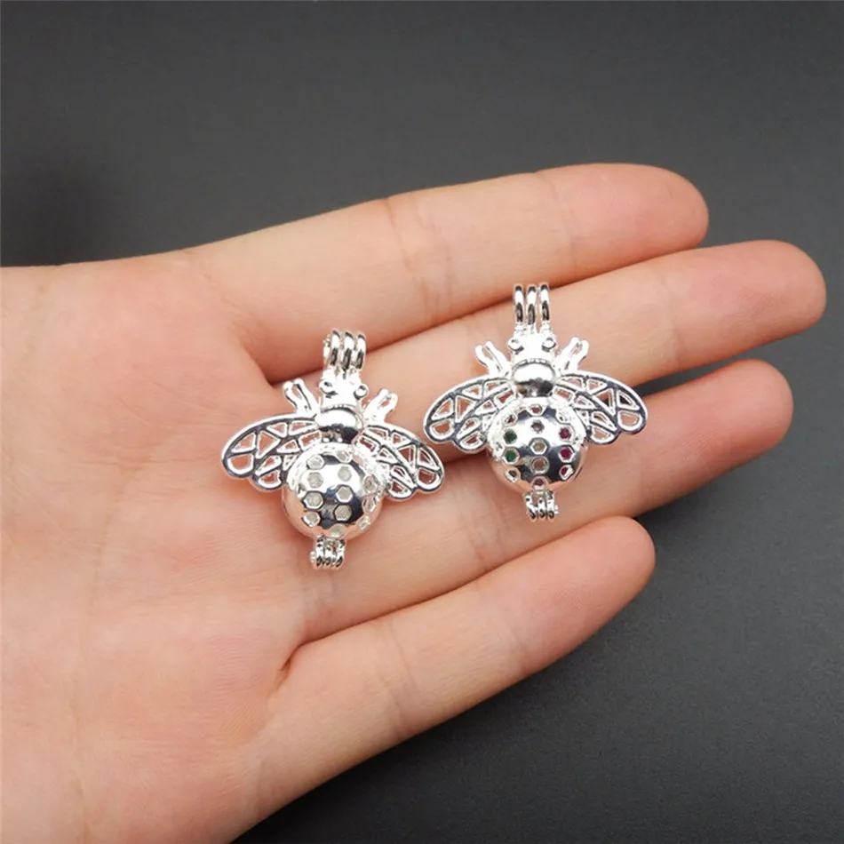 

10pcs Silver Plated honeybee Pearl Cage Jewelry Making Supplies Beads Cage Pendant Essential Oil Diffuser For Oyster Pearl