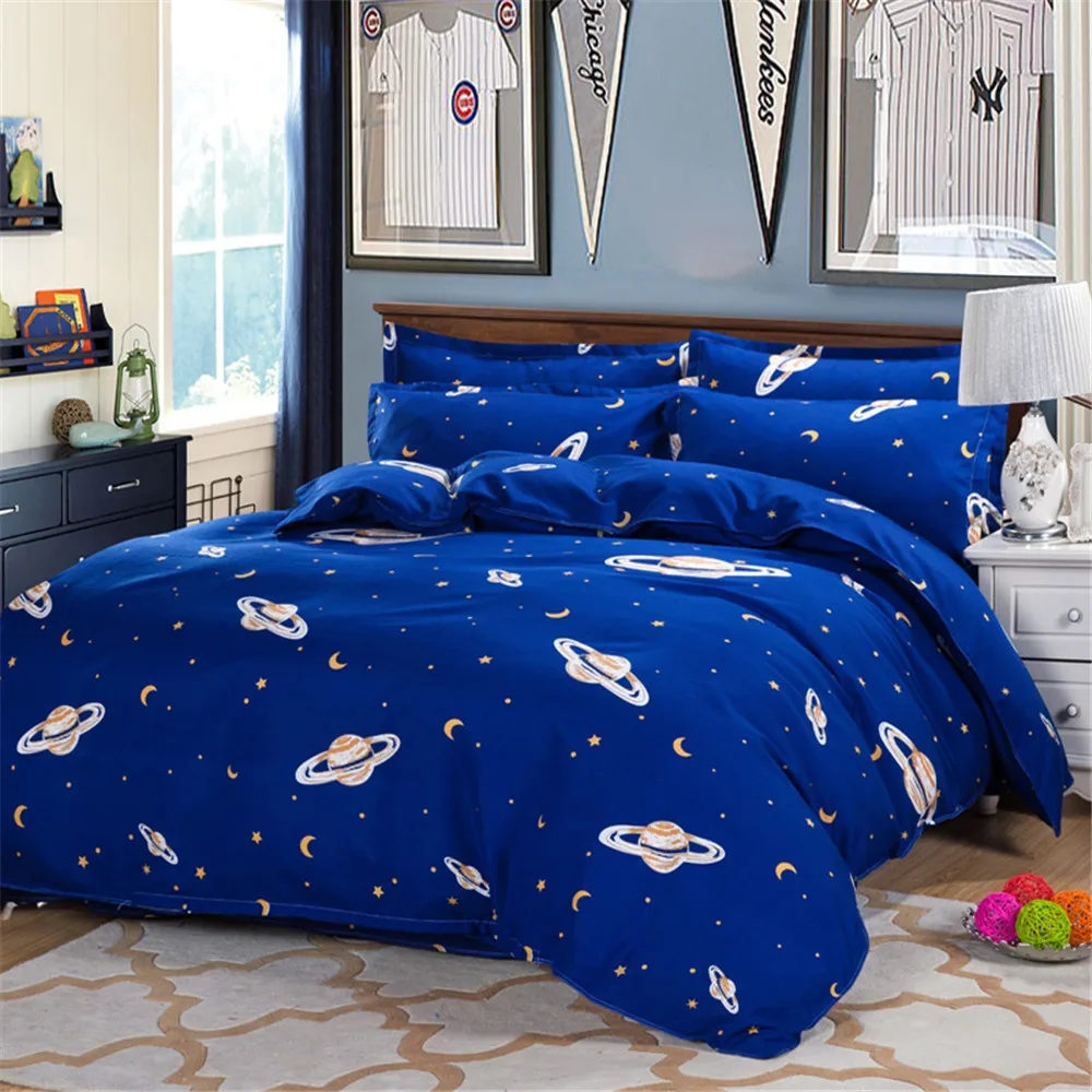 Galaxy UFO Flying Theme Printing Bedding Bed Cover Set Deep Blue 4Piece