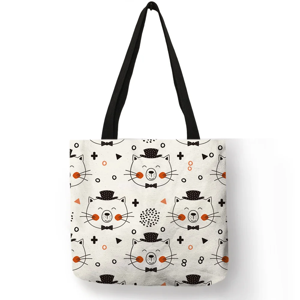 

Student College Girls Casual Handbag Cartoon Animal Cat Meow Printed Shoulder Bag High Quality Linen Durable Practical Tote Bags