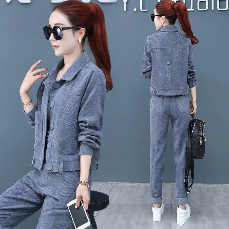 

women sets women jacket and pants corduroy women clothing tops and trousers korean style slim spring/autumn clothing