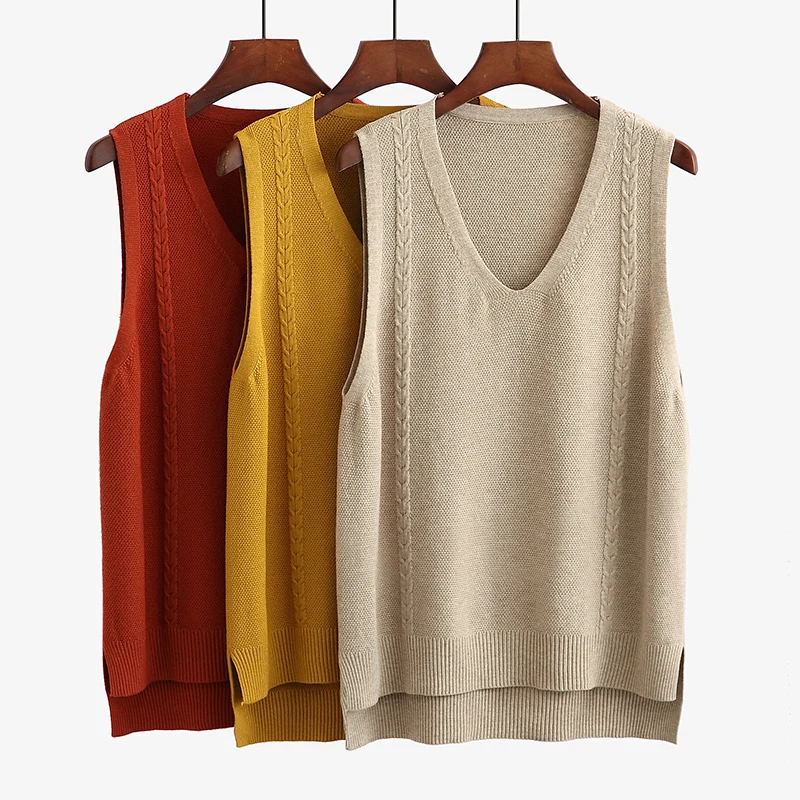 

Spring Solid Color Long Vests For Women V-neck Kintted Waistcoat Female Sleeveless Jacket Loose Korean Sweater Pullover Autumn