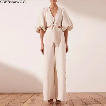 

CWBshowGG 2019 Two-Piece Set New Short Puff Sleeve Tops + High Waist Cotton Linen Wide Leg Trousers Fashion Two-Piece Sets