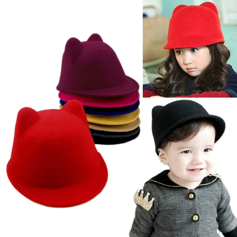 Новая милая детская шапка для мальчиков и девочек с милыми кошачьими ушками, одноцветная шапка-котелок, шерстяная фетровая шляпа