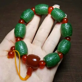 

h6#Russian material Hetian jade spinach green jasper road road pass barrel bead bracelet