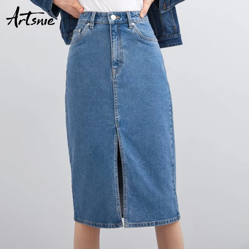 Artsnie/женская синяя джинсовая юбка с высокой талией; Летняя коллекция года; уличная одежда; повседневные джинсовые юбки до колена с разрезом для девочек; mujer jupe femme