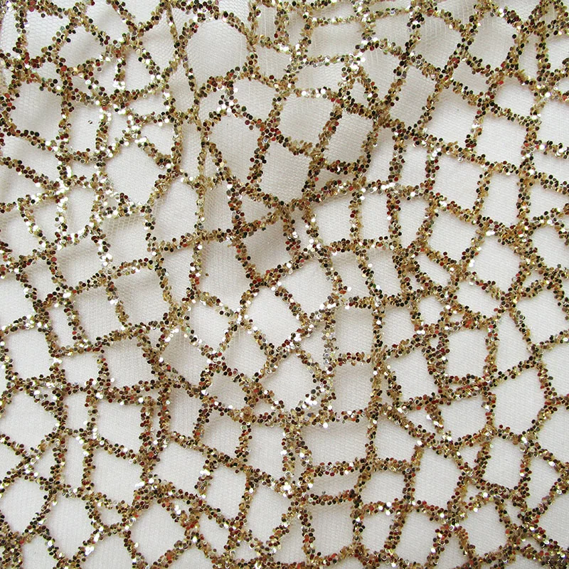1piece 4yards gold color luxury mesh tulle hand print glitter lace