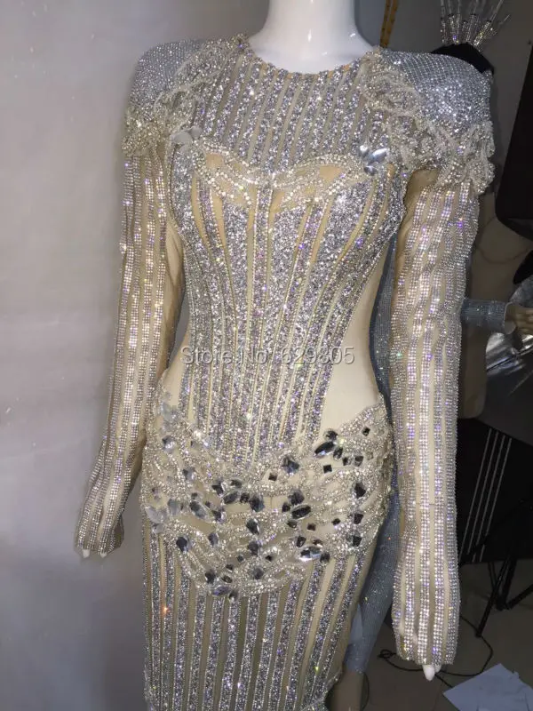 

Fashion Luxury Design Long Dress Catwalk Performance Silver Costume Female Singer Nightclub Birthday Crystals Celebrate Dresses