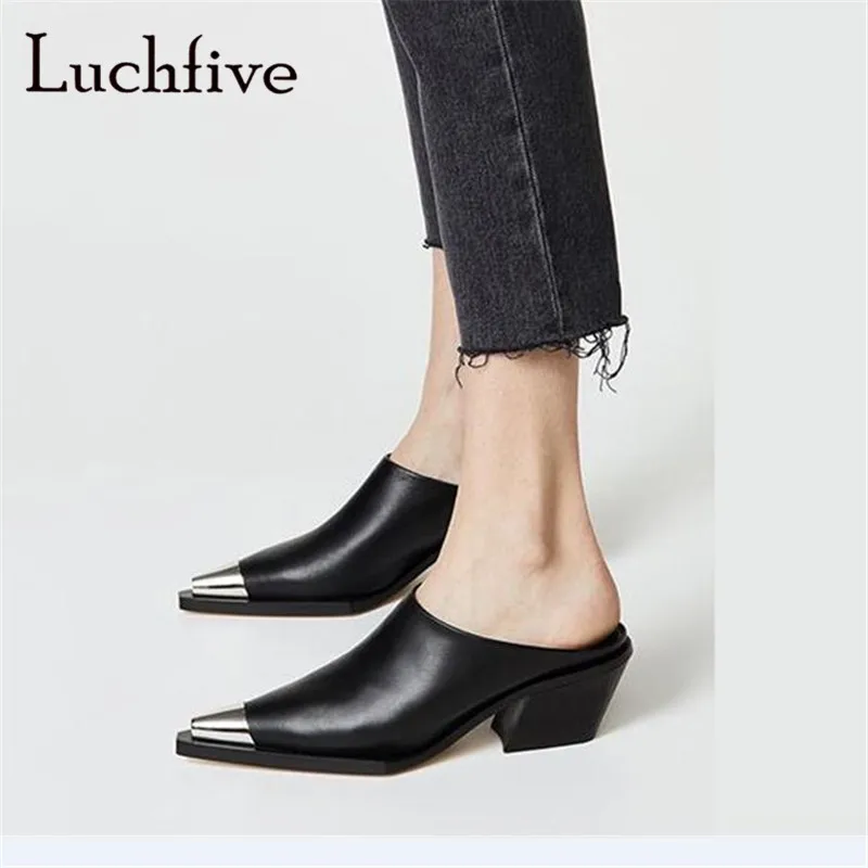 

New style metal pointy toe women slippers sexy chunky high heels leisure outwear black white slip on spring shoes woman