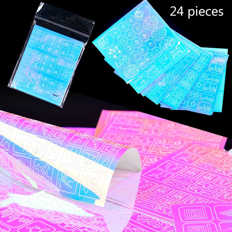 

24 Sheets Hollow Nail Vinyls Adhesive Clear Glass Paper Colorful 3D Nail Art Stencil Stickers Nail Decorations