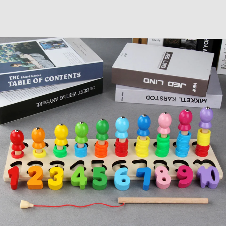 

Woodentoy Puzzle Toy Speelgoed Educational Aids Fishing Three-in-one Logarithmic Board Color Digital Shape Toys recognition