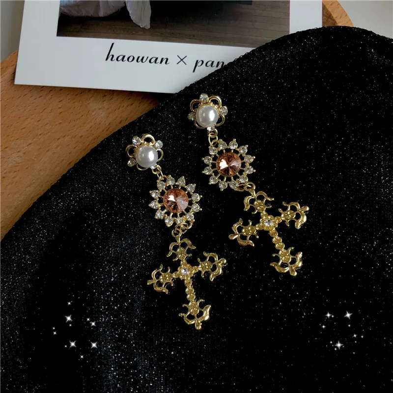 

New Baroque pearl cross ear Nail Earrings chandelier earrings indian jewelry trendy fashion earrings