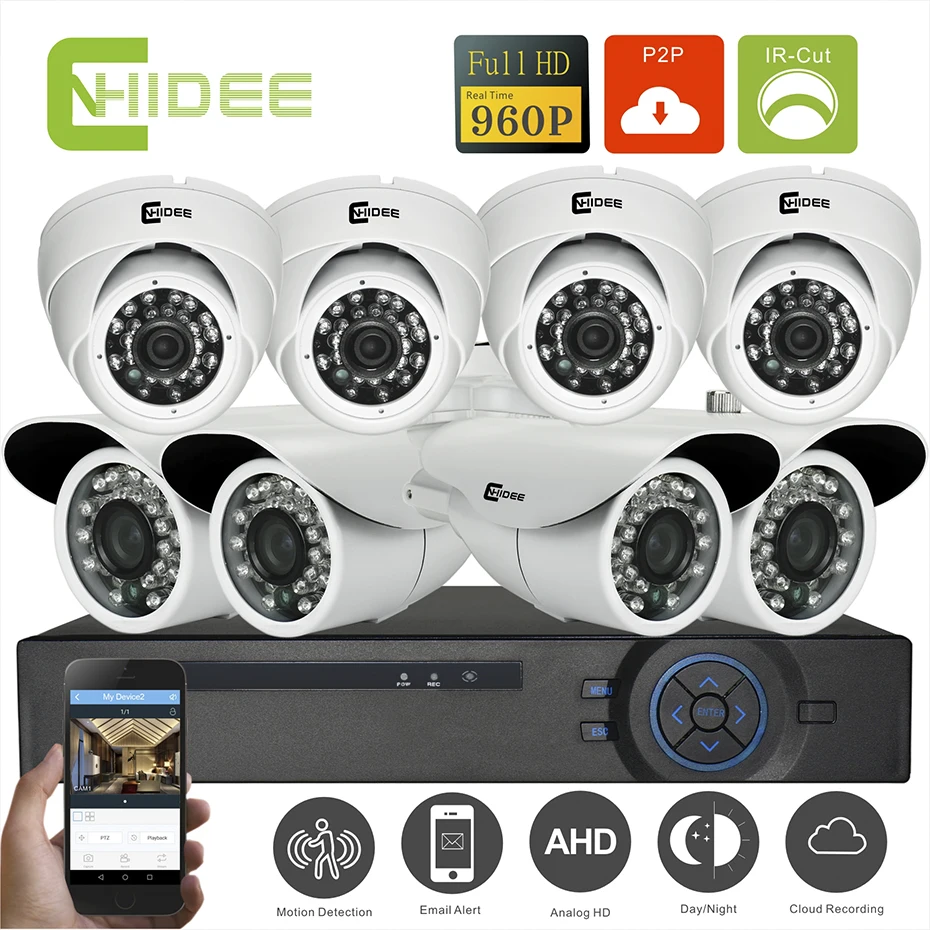 CNHIDEE Home Security Camera System NightVision AHD 8CH 960P IR 1500TVL