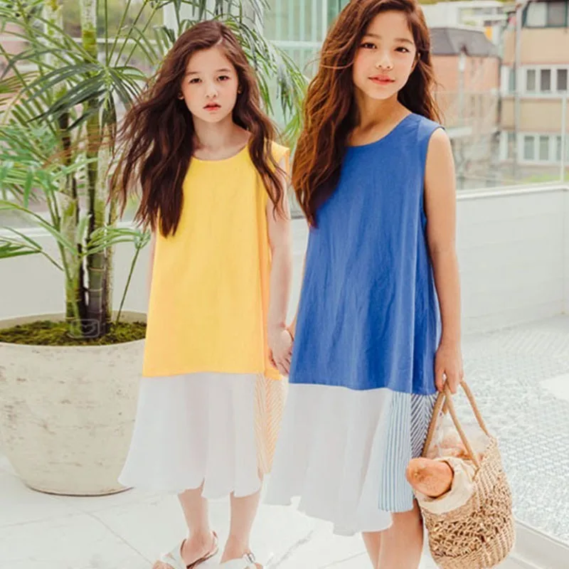 Summer 2019 Blue Yellow Patchwork Sundress Girls Sleeveless Beach Party Dresses Kids Clothes Children Straight Dress Clothing | Детская