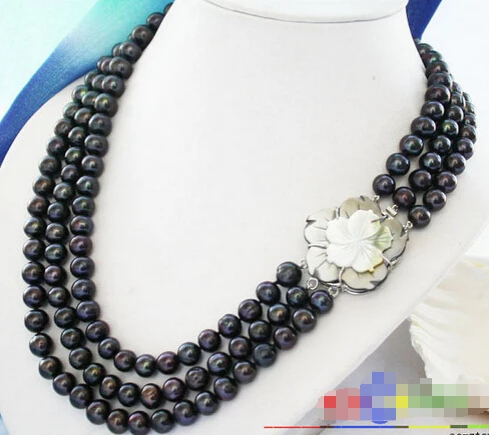 

FREE SHIPPING3ROW 10mm BLACK ROUND FRESHWATER CULTURED PEARL NECKLACE P2307