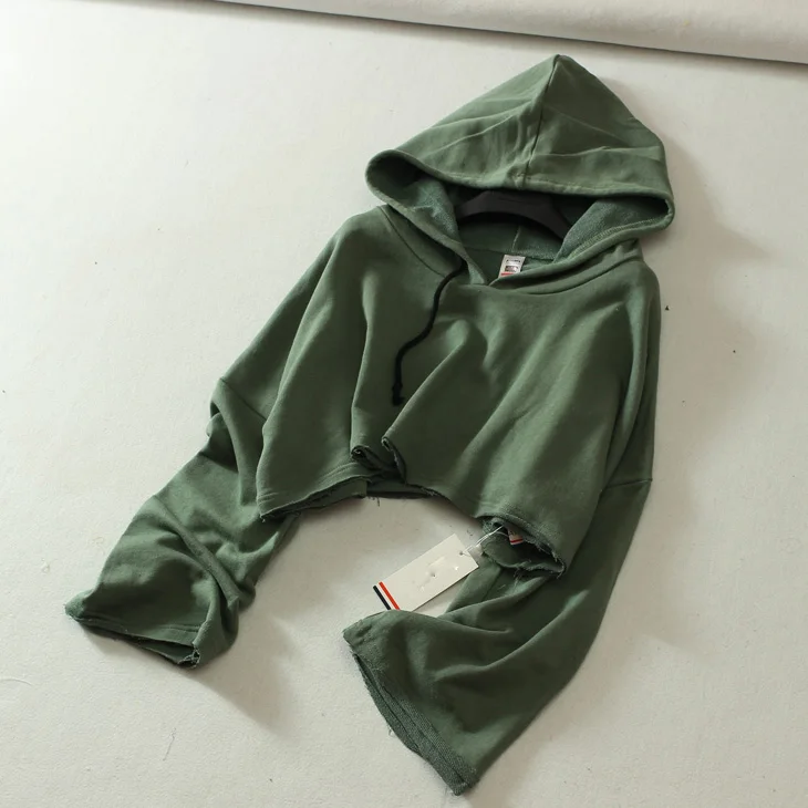 

Women Casual Solid Exposed Umbilical Short Hooded Sweatshirts Loose Plus Size Hight Waist Pull Over Long Sleeve Sweatshirts