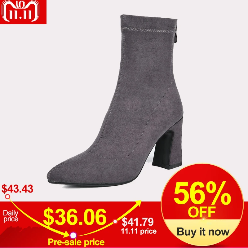 

QUTAA 2019 Women Ankle Boots Platform Square High Heel All Match Flock Pointed Toe Zipper Elegant Women Boots Big Size 34-39