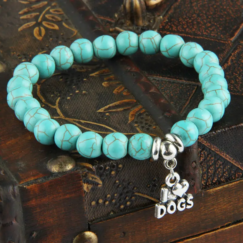 Fashion Dogs Tag Blue Retro Extend Beads Chain Pendant Bracelet Bangle
