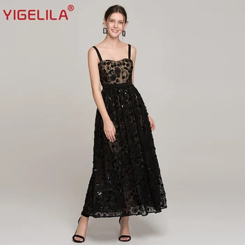 

YIGELILA 2019 Summer Women Lace Party Dress Spaghetti Strap Empire Slim Floor Length Embroidery Long Dress Fashion Week 63821