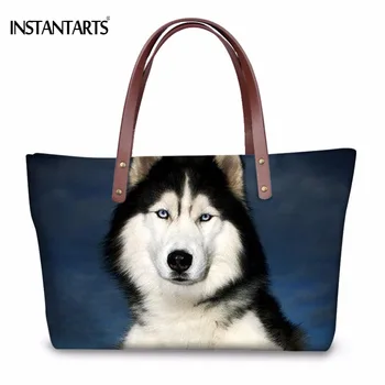 

INSTANTARTS Fashion Women Large Tote Bags Cute 3D Animal Dog Husky Print Female Shoulder Bags for Shopping Travel Beach Handbags