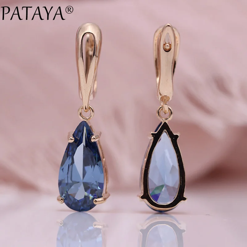 PATAYA New Blue Water Drop Earrings Pendants Necklaces Sets 585 Rose Gold Natural Zircon For Women Fashion Wedding Jewelry Set