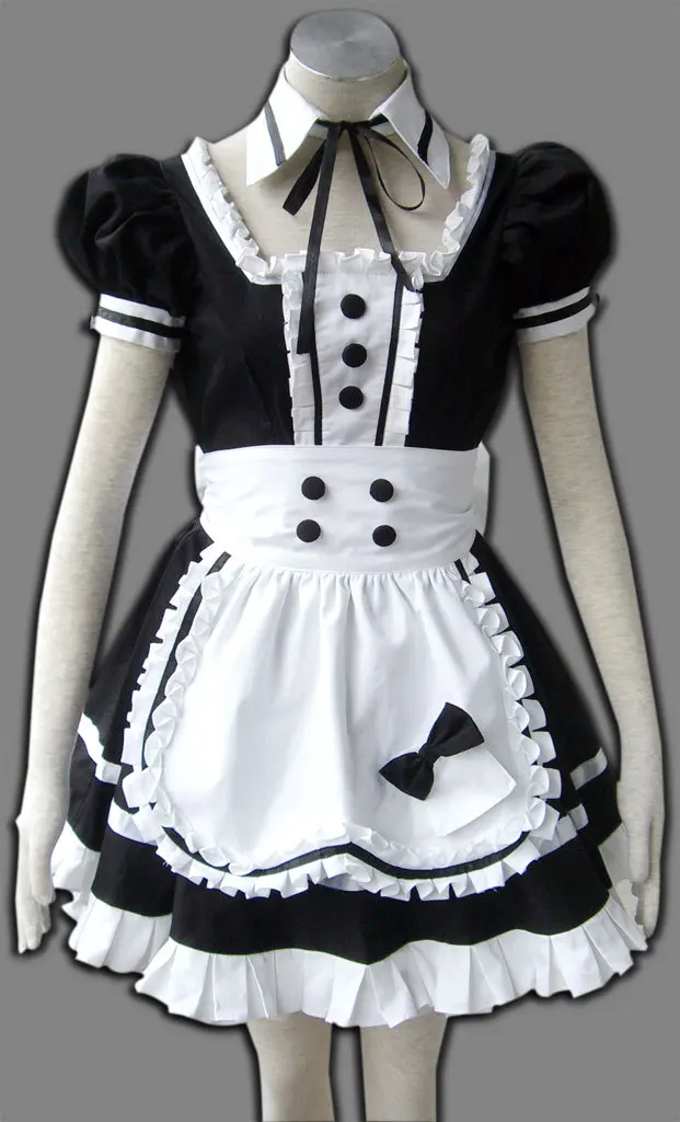Black Short Sleeves Cotton Maid Uniform Dress Halloween Cosplay Costume