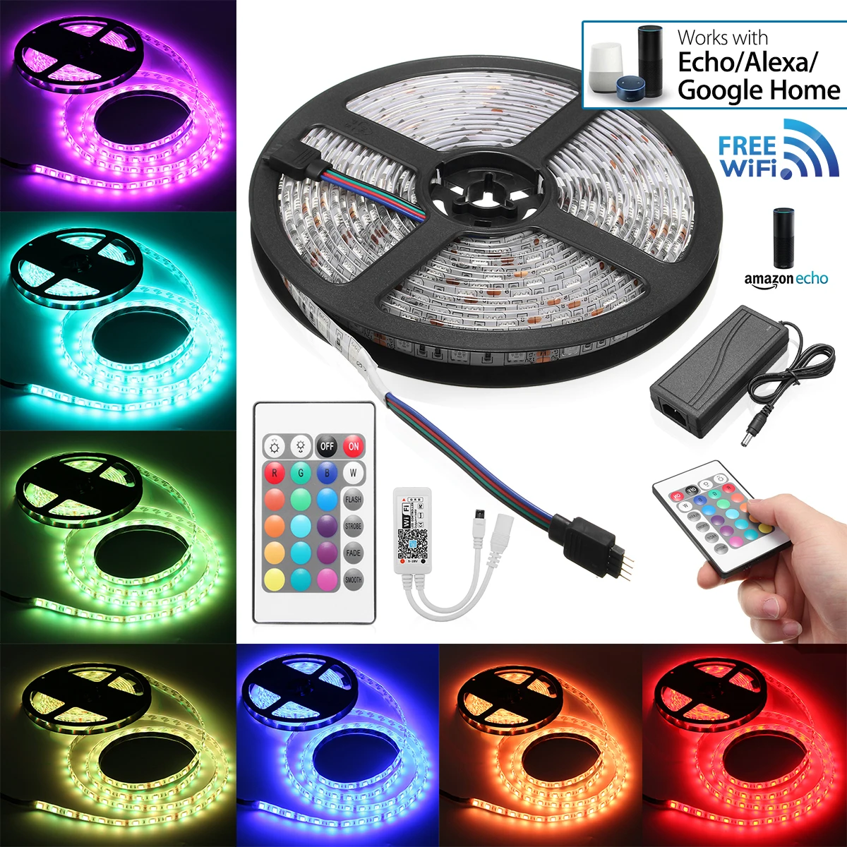 

Smuxi EU Plug 5M/16.4Ft D5050 Smart WiFi RGB 300 LED Strip Light Streifen Stripe APP Work with Alexa Google Home