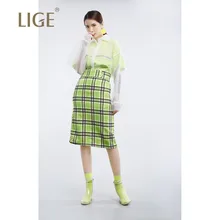 Шифоновая клетчатая Женская юбка с высокой твист зеленого цвета средней длины до колена Повседневная летняя модная юбка