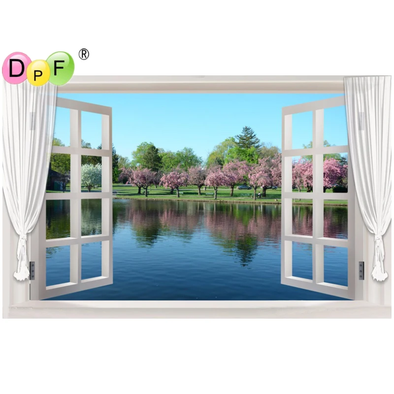 

DPF 5D Diamond Painting Scenic Garden out of window 3D Cross Stitch Kit Full Rhinestone Ribbon Embroidery Landscape Crafts Decor