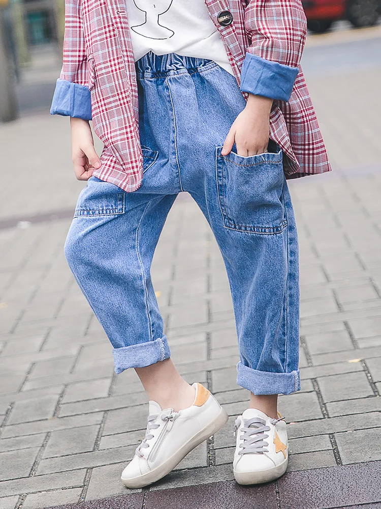 

Girls Jeans 2019 New Spring Dress Little Girl Korean Big Child Loose Radish Pants Solid Colour Big Pocket Popular Cowboy Pants