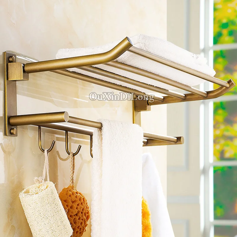 European Antique Pure Brass Bathroom Folding Activity Towel Bar Double