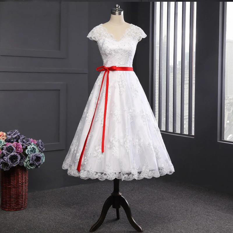 2016 Biały/Ivory Krótka Suknia Ślubna z Red Sash Brides Sexy Lace Suknie Ślubne Suknia ślubna vestido de noiva Rzeczywistym zdjęcie