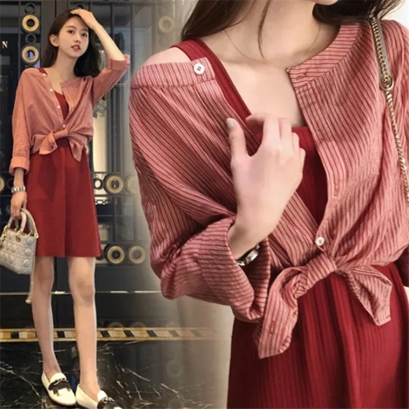 

2019 Spring summer Women's Dresses France New Fairy Two-piece Sets Good-looking Medium Length Dresses Women's Clothing Y950