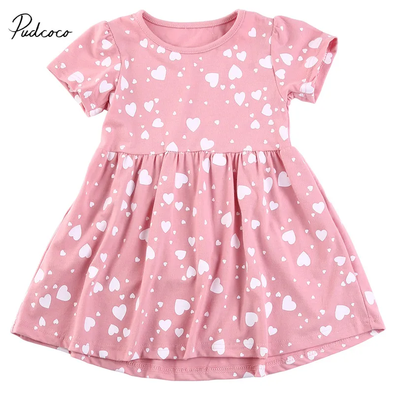 

2017 Summer Baby Kids Girls Pink Dress Heart Short Sleeve Casual Princess Dresses