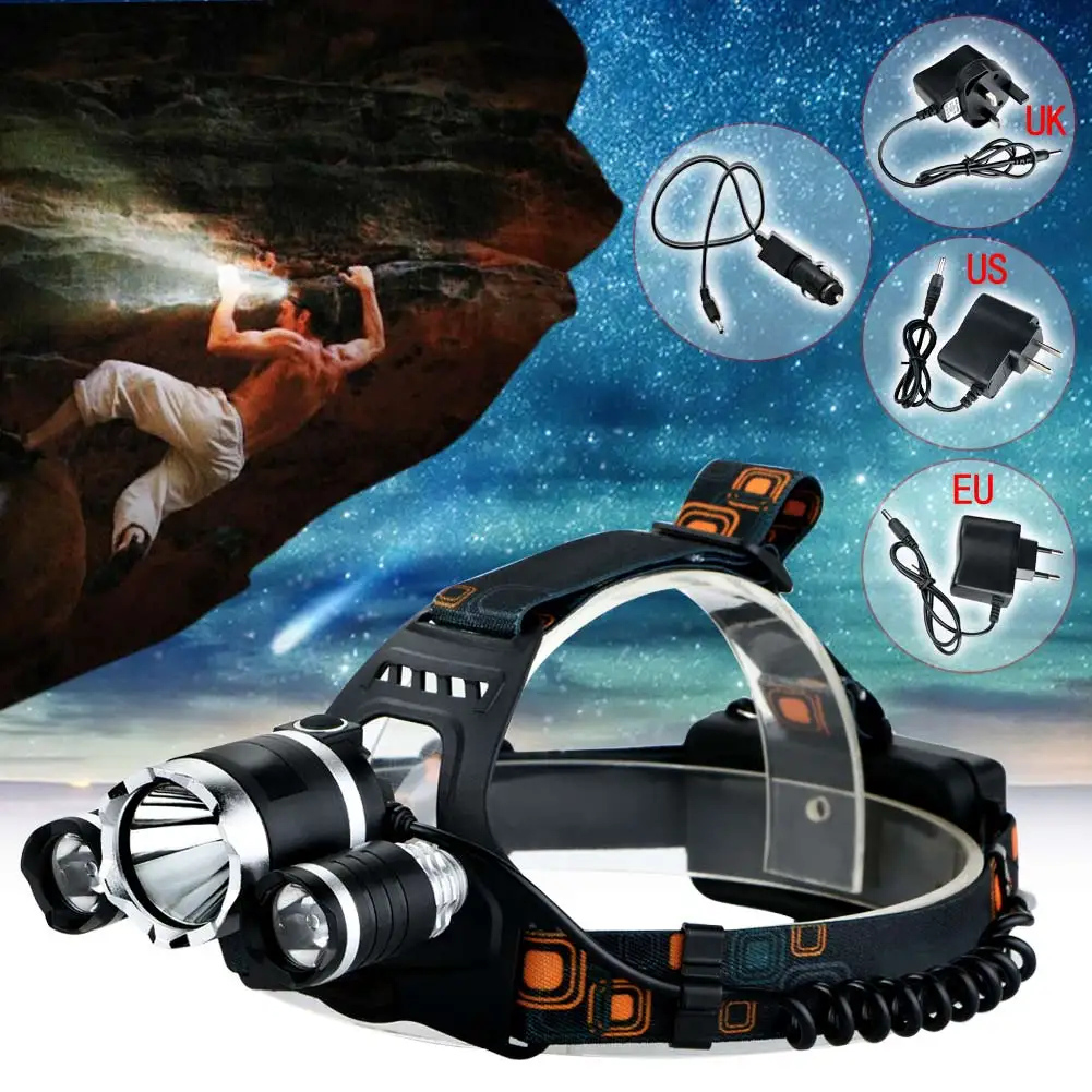 EU/UK/US 6000 Lumens Headlight CREE XM-L T6+2R5 LED Headlamp Light 18650 Torch+AC Charger+Car Charger