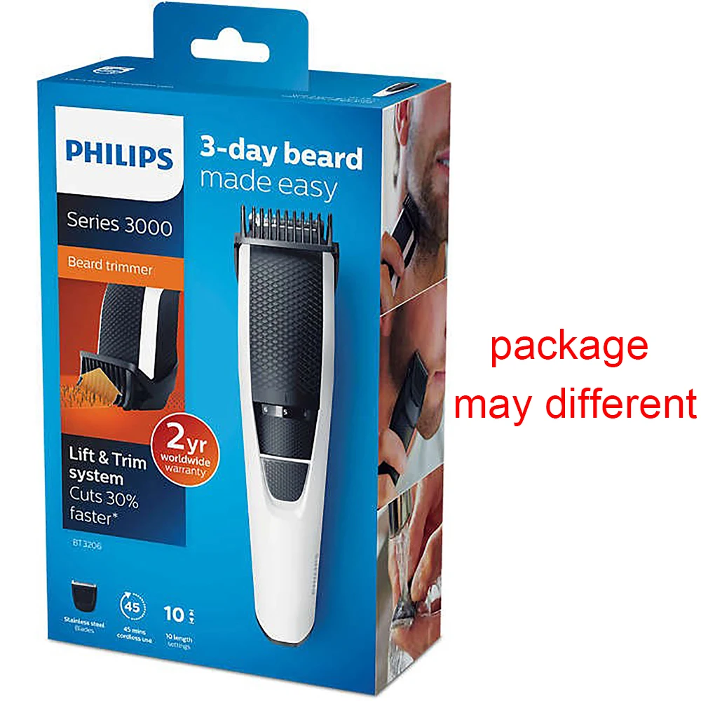 Philips Beardtrimmer series 3000 BT3206/14 триммер для бороды с 45 мин беспроводное использование/10 ч зарядка лезвия из нержавеющей стали для мужчин